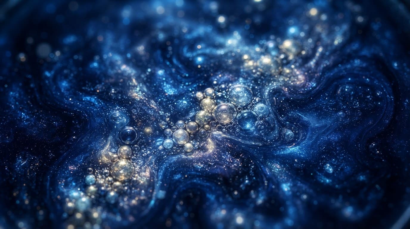 Abstract macro photography of shimmering serum bubbles
