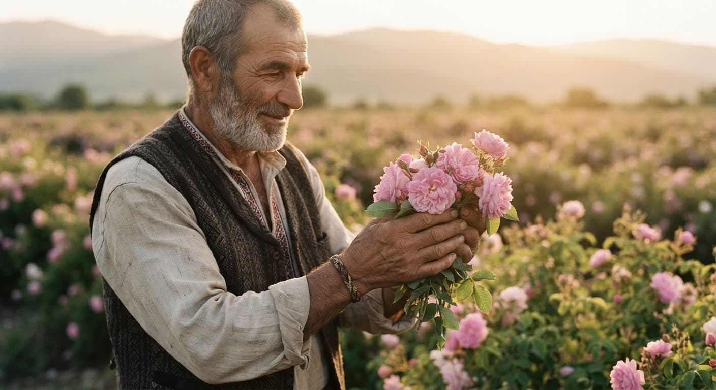 Portrait of a rose farmer holding fresh Damask roses