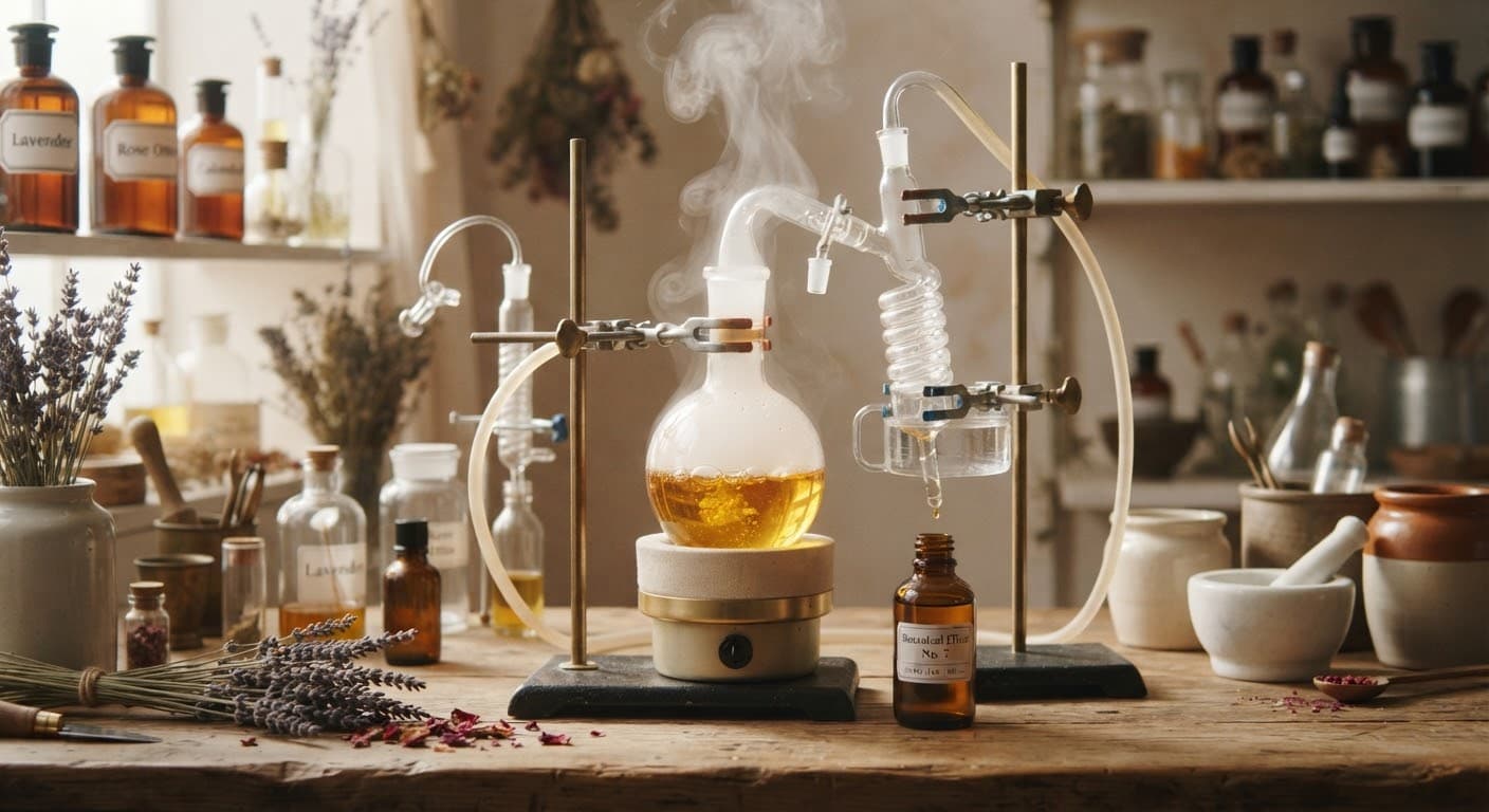 Glass distillation vessels with golden botanical oil